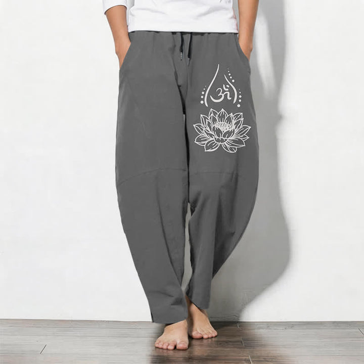 Buddha Stones Pure Cotton Sacred Lotus Om Pattern Drawstring Men's Tapered Pants With Pockets - Gray - US/UK/AU50，EU60 (5XL) - image 7
