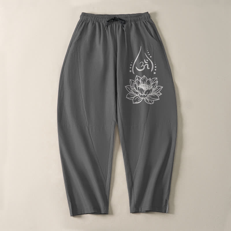 Buddha Stones Pure Cotton Sacred Lotus Om Pattern Drawstring Men's Tapered Pants With Pockets - image 9