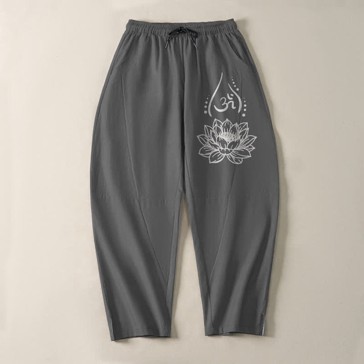Buddha Stones Pure Cotton Sacred Lotus Om Pattern Drawstring Men's Tapered Pants With Pockets - image 9