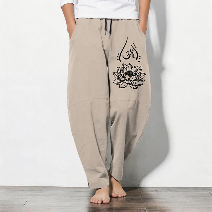 Buddha Stones Pure Cotton Sacred Lotus Om Pattern Drawstring Men's Tapered Pants With Pockets - Beige - US/UK/AU50，EU60 (5XL) - image 11