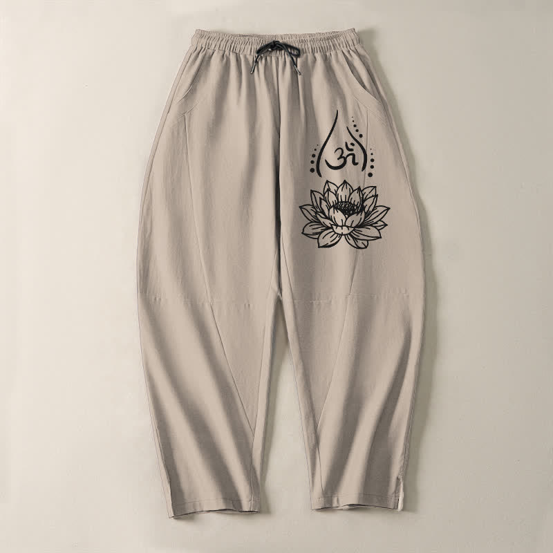 Buddha Stones Pure Cotton Sacred Lotus Om Pattern Drawstring Men's Tapered Pants With Pockets - image 13