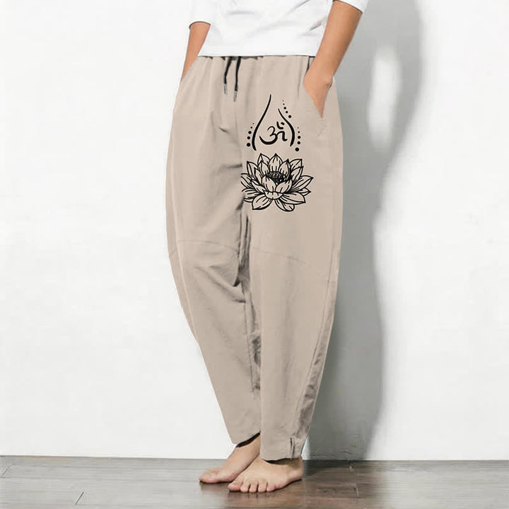 Buddha Stones Pure Cotton Sacred Lotus Om Pattern Drawstring Men's Tapered Pants With Pockets - image 12