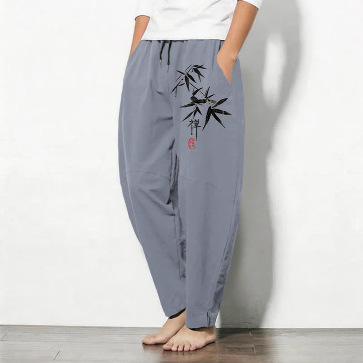 Buddha Stones Pure Cotton Zen Bamboo Leaf Pattern Drawstring Men's Tapered Pants With Pockets - image 1
