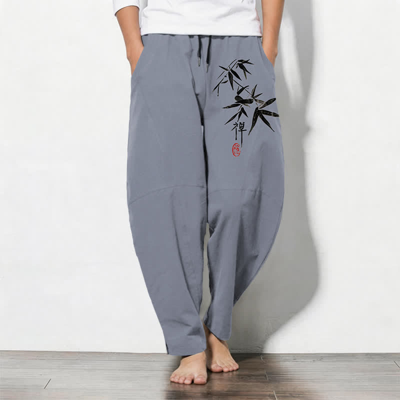 Buddha Stones Pure Cotton Zen Bamboo Leaf Pattern Drawstring Men's Tapered Pants With Pockets - SlateGray - US/UK/AU50，EU60 (5XL) - image 0