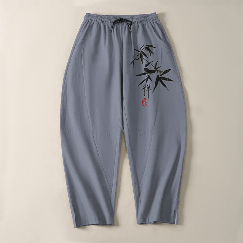 Buddha Stones Pure Cotton Zen Bamboo Leaf Pattern Drawstring Men's Tapered Pants With Pockets - image 2