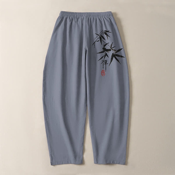 Buddha Stones Pure Cotton Zen Bamboo Leaf Pattern Drawstring Men's Tapered Pants With Pockets - image 3