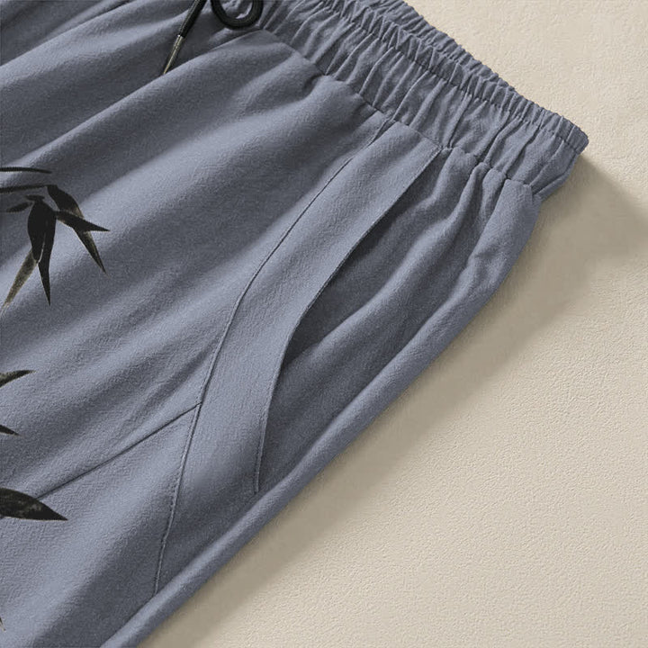 Buddha Stones Pure Cotton Zen Bamboo Leaf Pattern Drawstring Men's Tapered Pants With Pockets - image 4