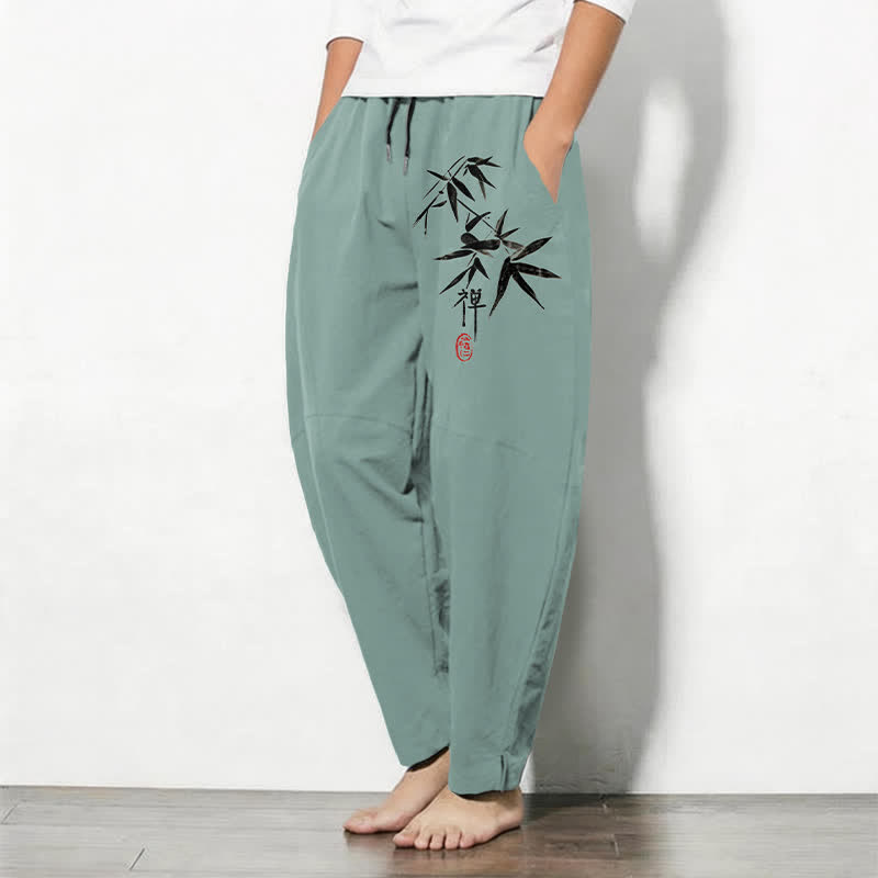 Buddha Stones Pure Cotton Zen Bamboo Leaf Pattern Drawstring Men's Tapered Pants With Pockets - image 8