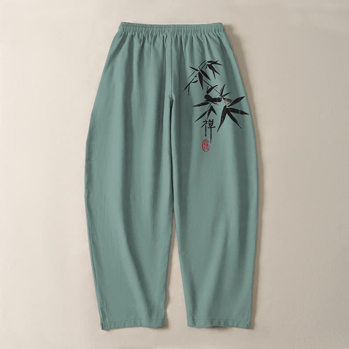 Buddha Stones Pure Cotton Zen Bamboo Leaf Pattern Drawstring Men's Tapered Pants With Pockets - image 10