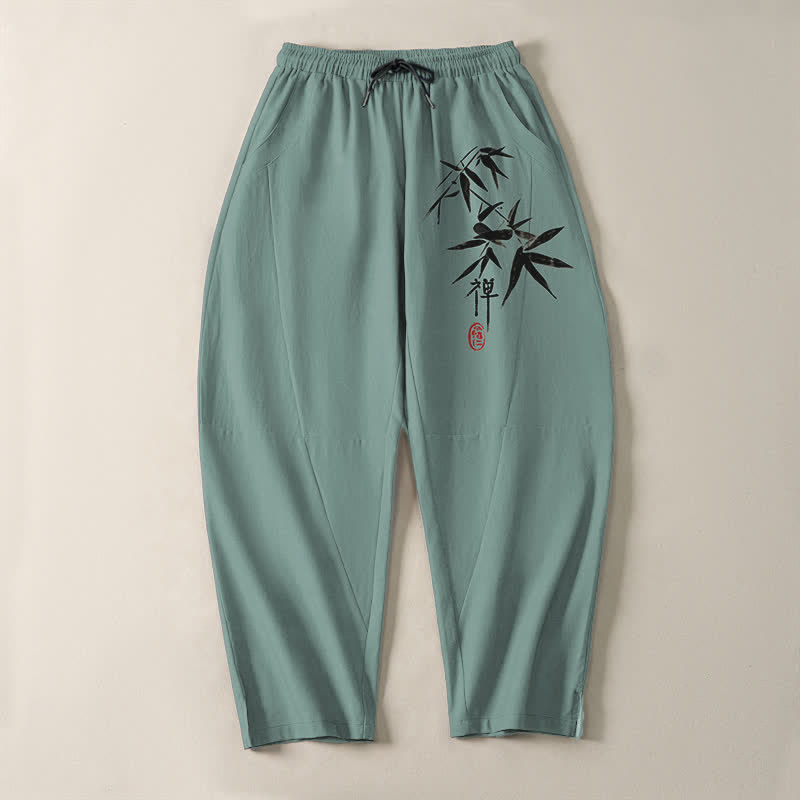 Buddha Stones Pure Cotton Zen Bamboo Leaf Pattern Drawstring Men's Tapered Pants With Pockets - image 9