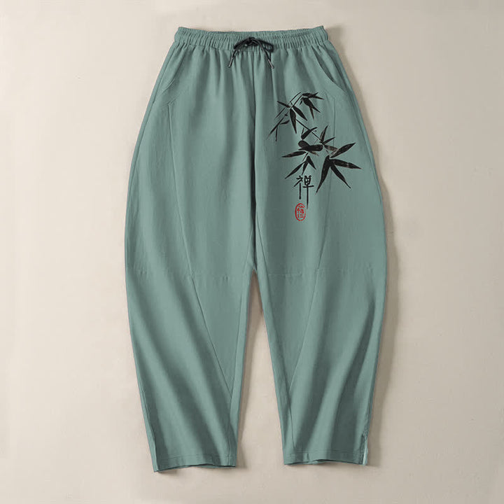 Buddha Stones Pure Cotton Zen Bamboo Leaf Pattern Drawstring Men's Tapered Pants With Pockets - image 9