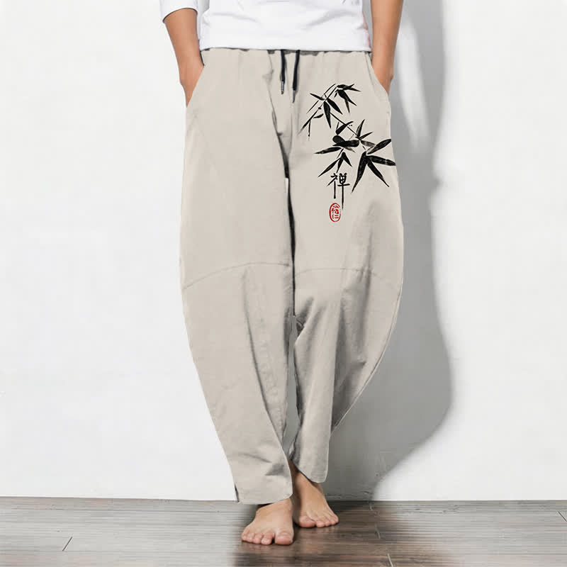 Buddha Stones Pure Cotton Zen Bamboo Leaf Pattern Drawstring Men's Tapered Pants With Pockets - Beige - US/UK/AU50，EU60 (5XL) - image 11
