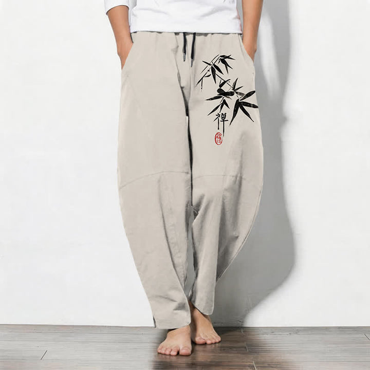 Buddha Stones Pure Cotton Zen Bamboo Leaf Pattern Drawstring Men's Tapered Pants With Pockets - Beige - US/UK/AU50，EU60 (5XL) - image 11