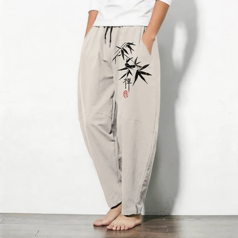 Buddha Stones Pure Cotton Zen Bamboo Leaf Pattern Drawstring Men's Tapered Pants With Pockets - image 12
