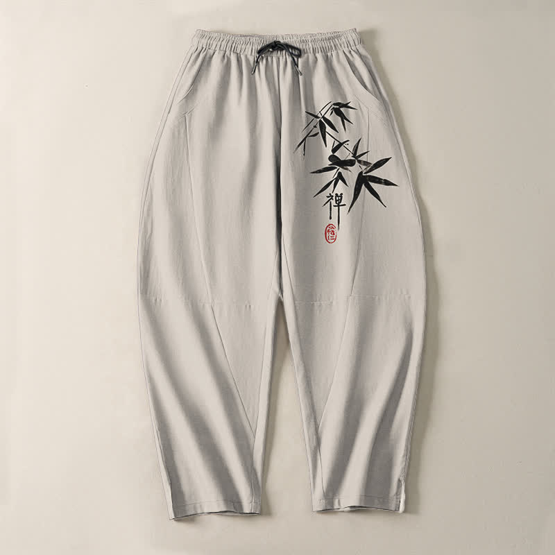 Buddha Stones Pure Cotton Zen Bamboo Leaf Pattern Drawstring Men's Tapered Pants With Pockets - image 13