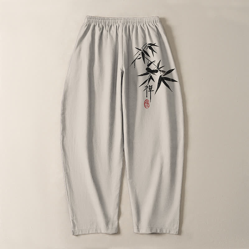 Buddha Stones Pure Cotton Zen Bamboo Leaf Pattern Drawstring Men's Tapered Pants With Pockets - image 14
