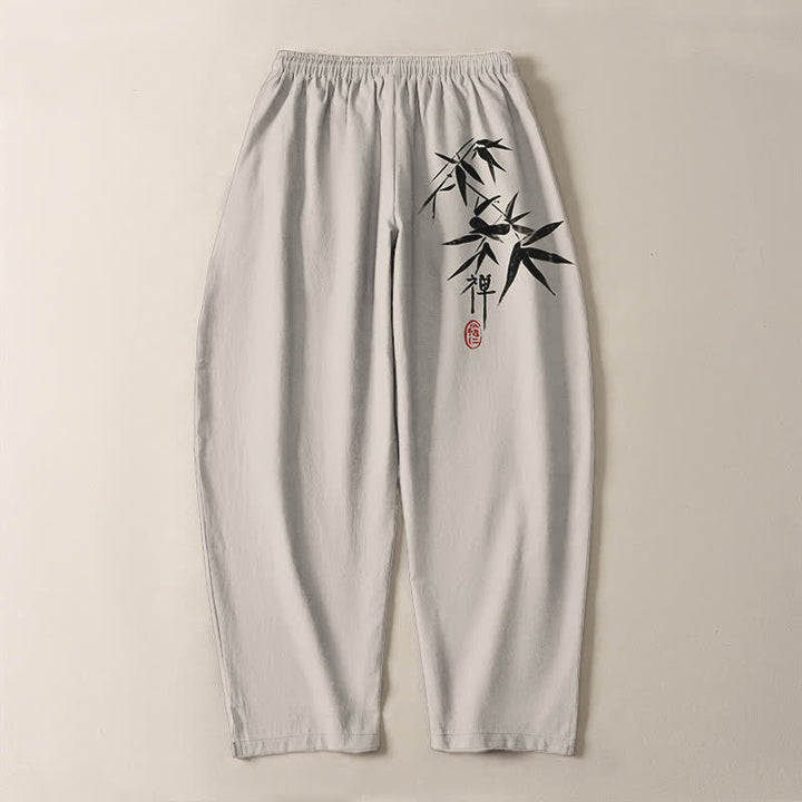 Buddha Stones Pure Cotton Zen Bamboo Leaf Pattern Drawstring Men's Tapered Pants With Pockets - image 14