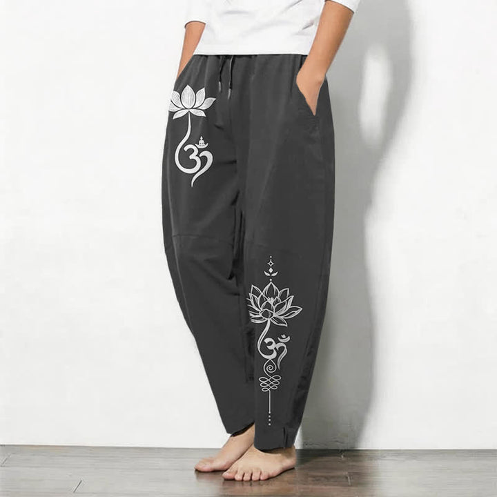 Buddha Stones Pure Cotton Zen Om Pattern Drawstring Men's Tapered Pants With Pockets - image 1