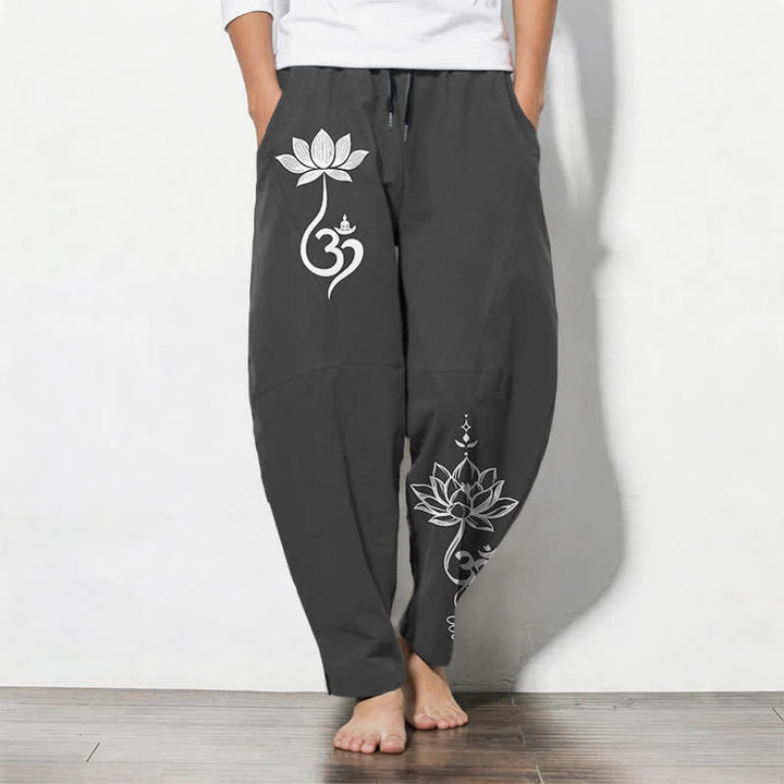 Buddha Stones Pure Cotton Zen Om Pattern Drawstring Men's Tapered Pants With Pockets - Black - US/UK/AU50，EU60 (5XL) - image 0