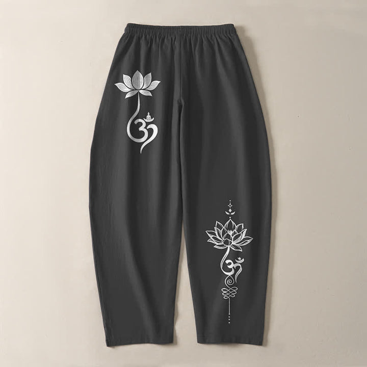 Buddha Stones Pure Cotton Zen Om Pattern Drawstring Men's Tapered Pants With Pockets - image 3