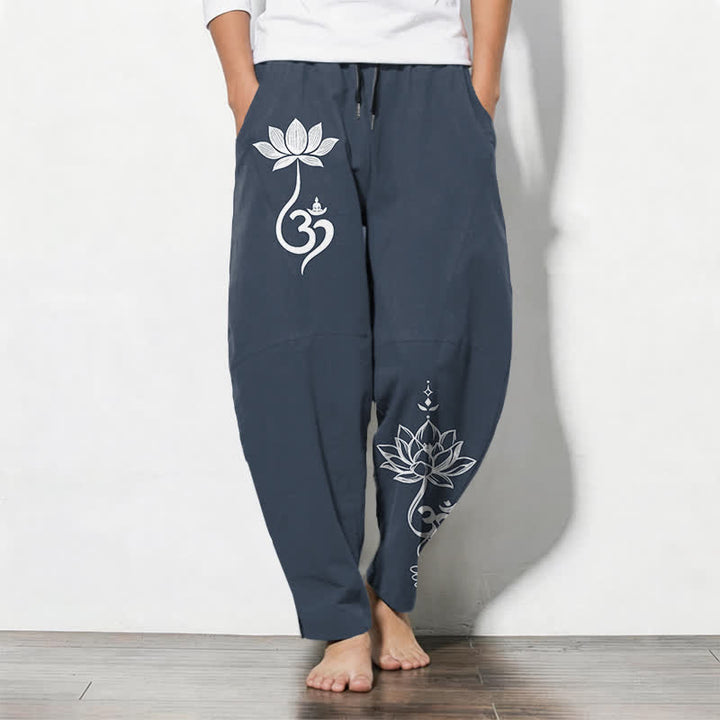Buddha Stones Pure Cotton Zen Om Pattern Drawstring Men's Tapered Pants With Pockets - Navy - US/UK/AU50，EU60 (5XL) - image 7