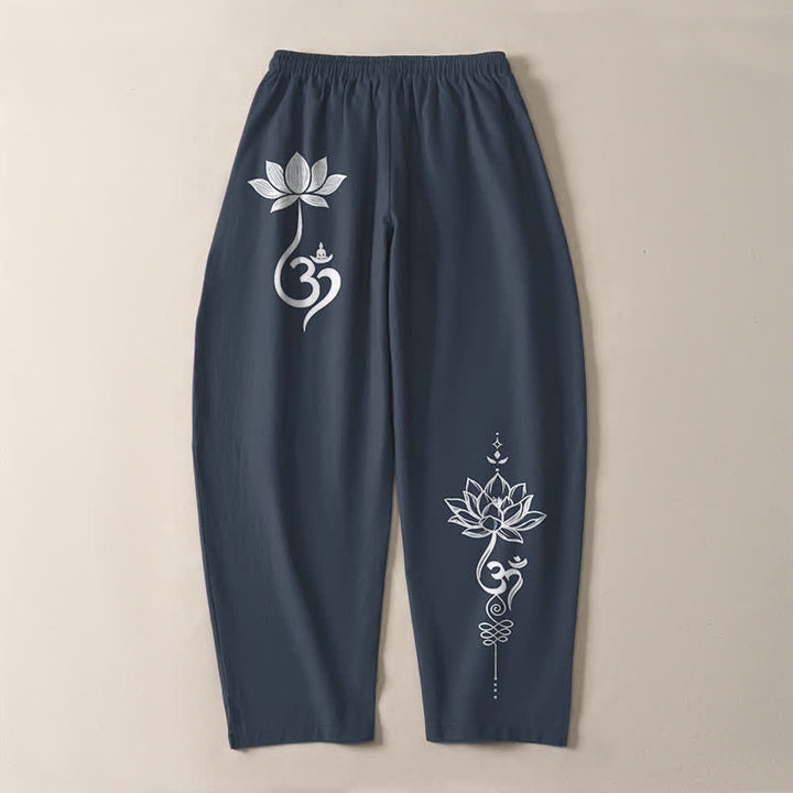 Buddha Stones Pure Cotton Zen Om Pattern Drawstring Men's Tapered Pants With Pockets - image 10