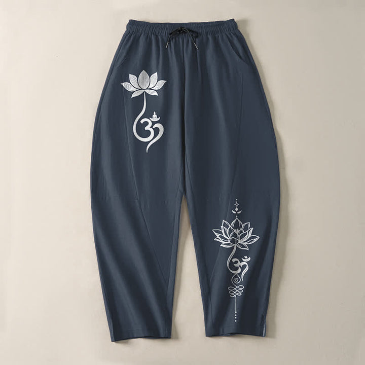 Buddha Stones Pure Cotton Zen Om Pattern Drawstring Men's Tapered Pants With Pockets - image 9