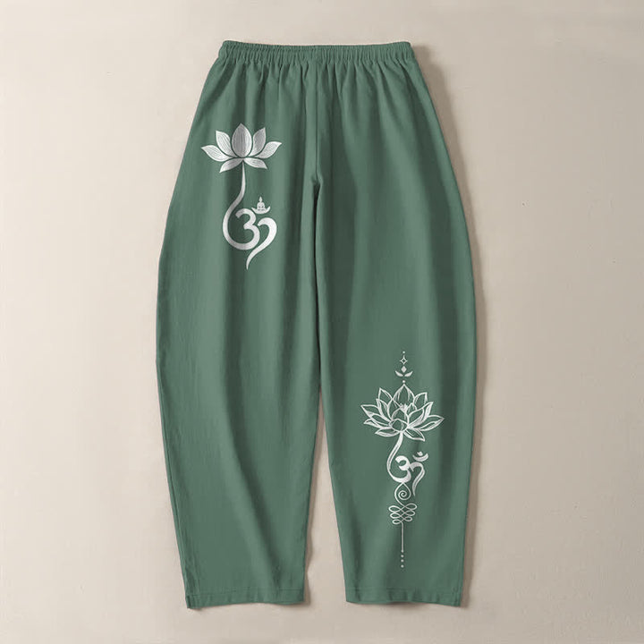 Buddha Stones Pure Cotton Zen Om Pattern Drawstring Men's Tapered Pants With Pockets - image 14