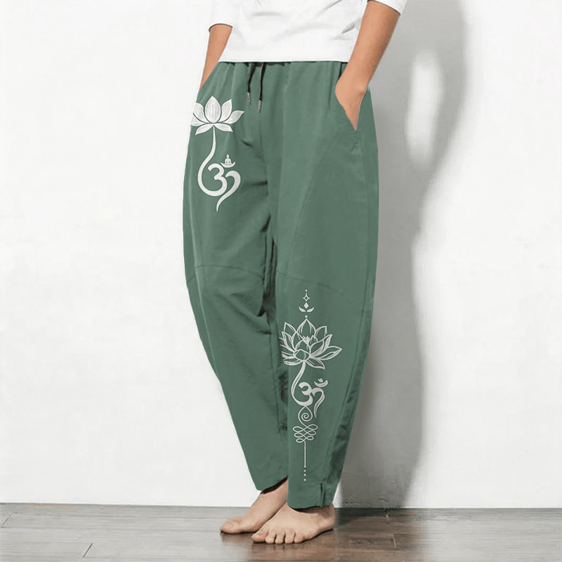 Buddha Stones Pure Cotton Zen Om Pattern Drawstring Men's Tapered Pants With Pockets - image 12