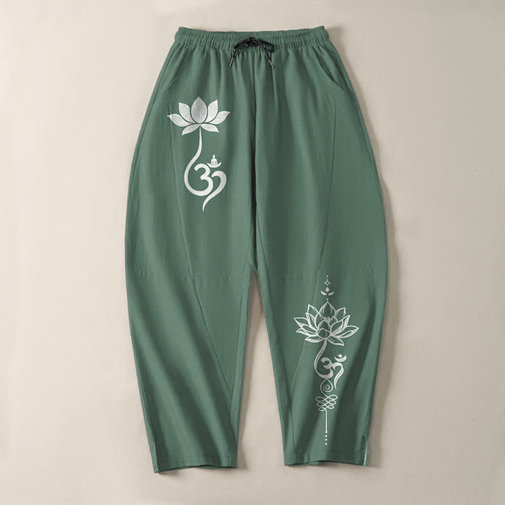 Buddha Stones Pure Cotton Zen Om Pattern Drawstring Men's Tapered Pants With Pockets - image 13