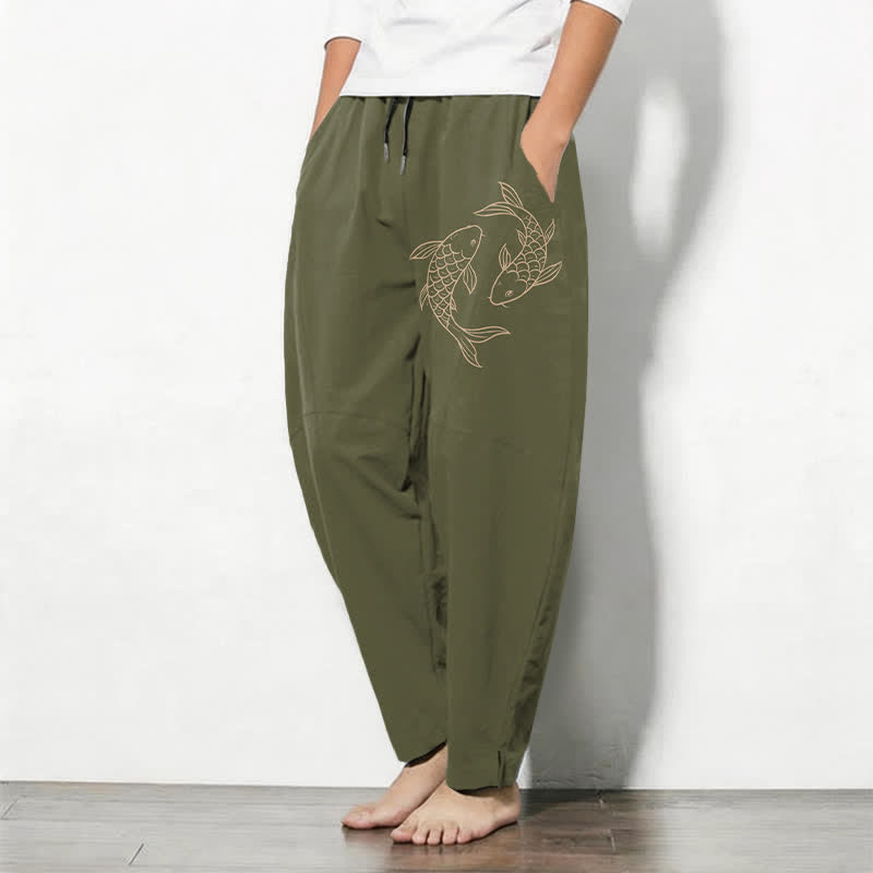 Buddha Stones Pure Cotton Koi Fish Pattern Drawstring Men's Tapered Pants With Pockets - image 1
