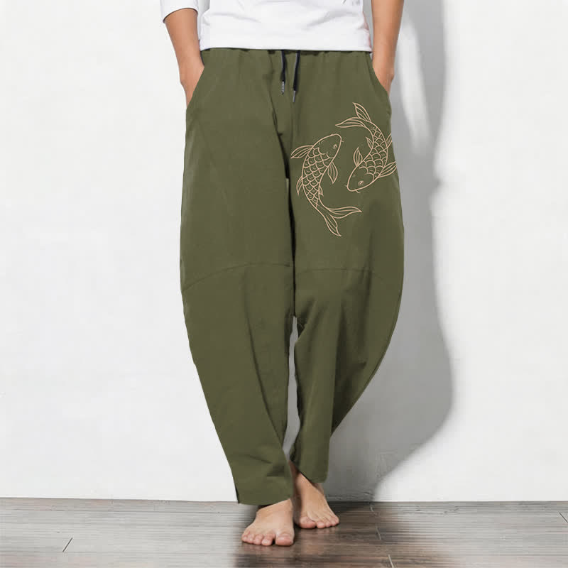 Buddha Stones Pure Cotton Koi Fish Pattern Drawstring Men's Tapered Pants With Pockets - Olive - US/UK/AU50，EU60 (5XL) - image 0