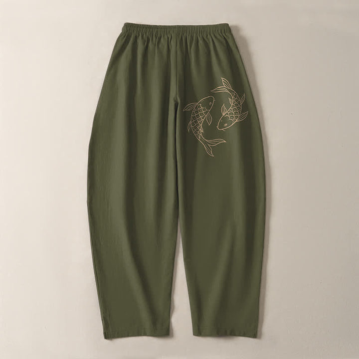 Buddha Stones Pure Cotton Koi Fish Pattern Drawstring Men's Tapered Pants With Pockets - image 3