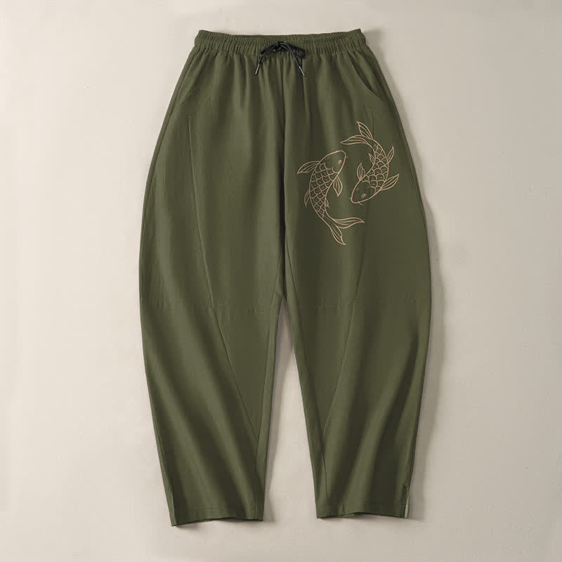 Buddha Stones Pure Cotton Koi Fish Pattern Drawstring Men's Tapered Pants With Pockets - image 2