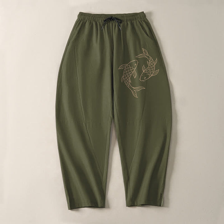 Buddha Stones Pure Cotton Koi Fish Pattern Drawstring Men's Tapered Pants With Pockets - image 2