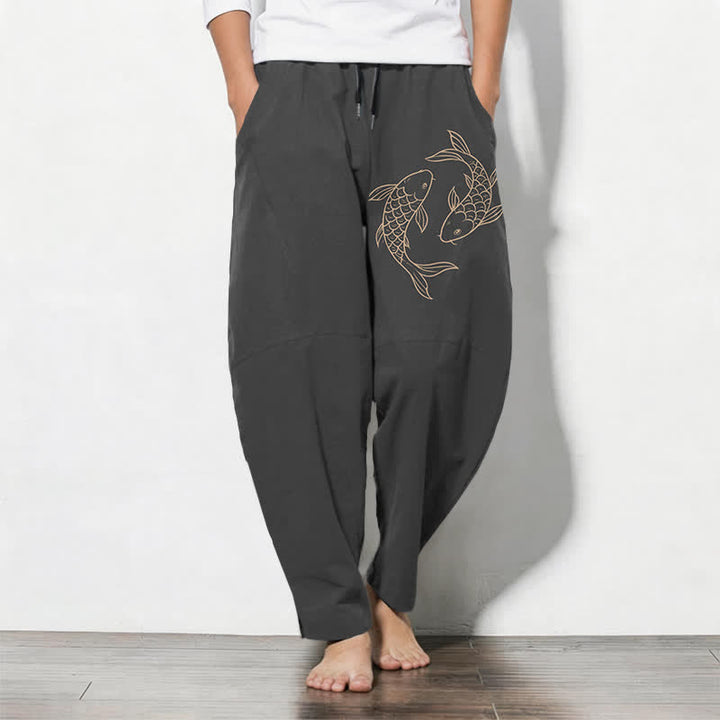 Buddha Stones Pure Cotton Koi Fish Pattern Drawstring Men's Tapered Pants With Pockets - DimGray - US/UK/AU50，EU60 (5XL) - image 7