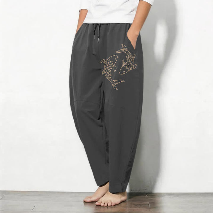 Buddha Stones Pure Cotton Koi Fish Pattern Drawstring Men's Tapered Pants With Pockets - image 8