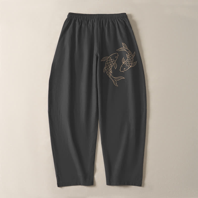 Buddha Stones Pure Cotton Koi Fish Pattern Drawstring Men's Tapered Pants With Pockets - image 10