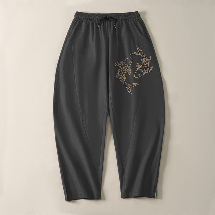 Buddha Stones Pure Cotton Koi Fish Pattern Drawstring Men's Tapered Pants With Pockets - image 9