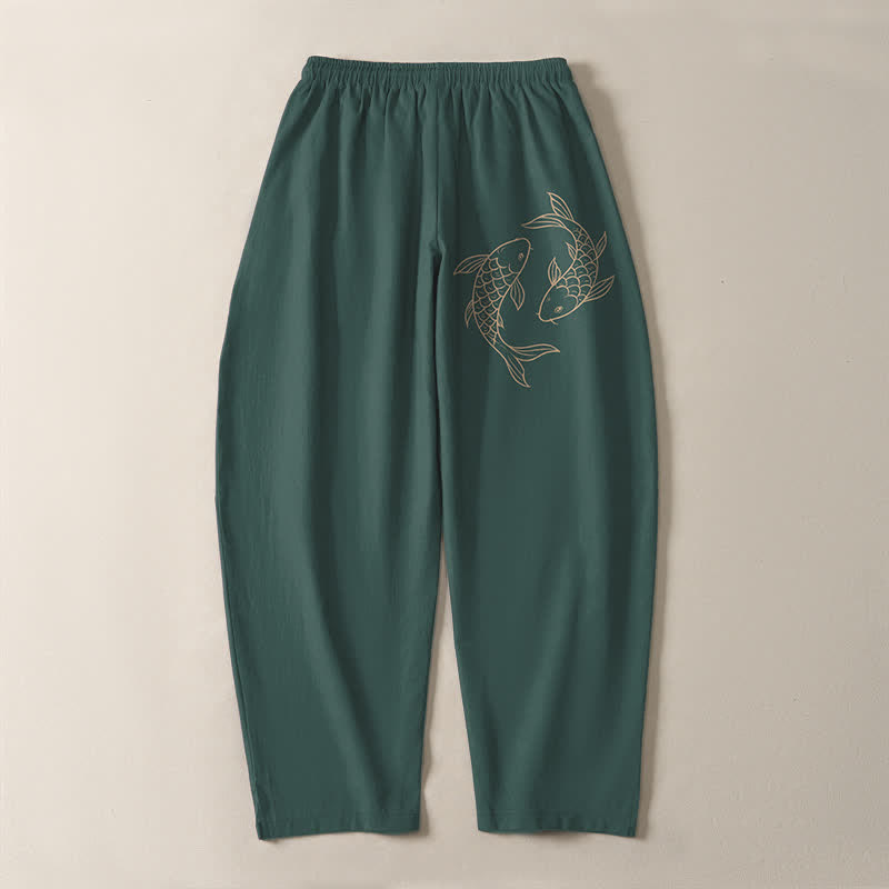 Buddha Stones Pure Cotton Koi Fish Pattern Drawstring Men's Tapered Pants With Pockets - image 14