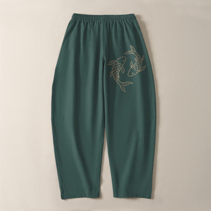 Buddha Stones Pure Cotton Koi Fish Pattern Drawstring Men's Tapered Pants With Pockets - image 14