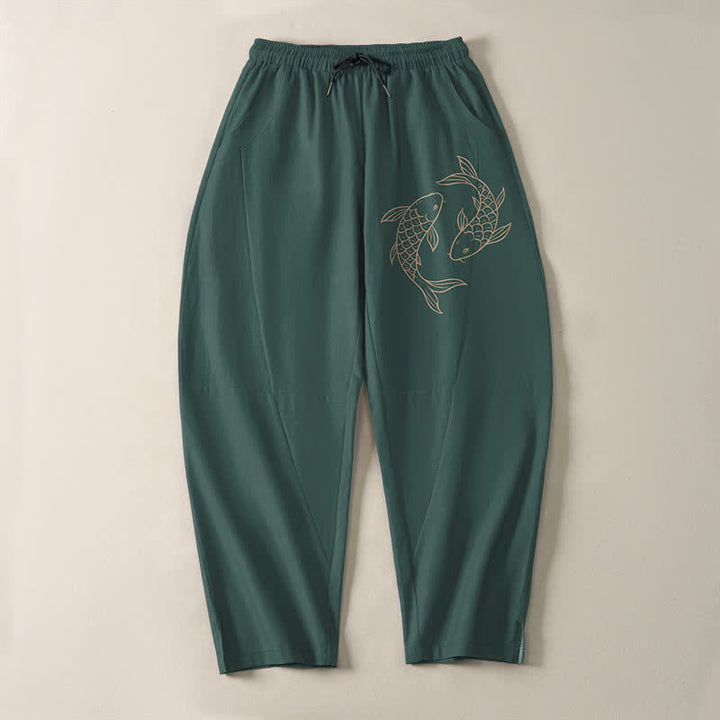 Buddha Stones Pure Cotton Koi Fish Pattern Drawstring Men's Tapered Pants With Pockets - image 13