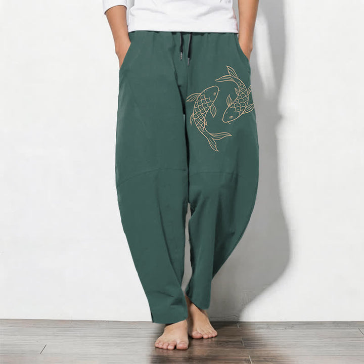 Buddha Stones Pure Cotton Koi Fish Pattern Drawstring Men's Tapered Pants With Pockets - Teal - US/UK/AU50，EU60 (5XL) - image 11