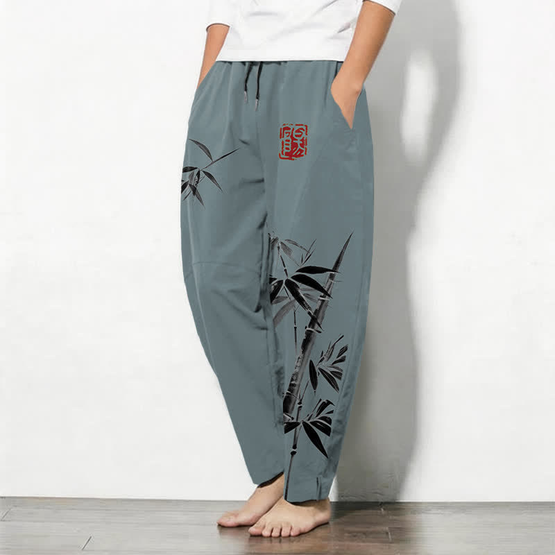 Buddha Stones Pure Cotton Oriental Ink Bamboo Pattern Drawstring Men's Tapered Pants With Pockets - image 1