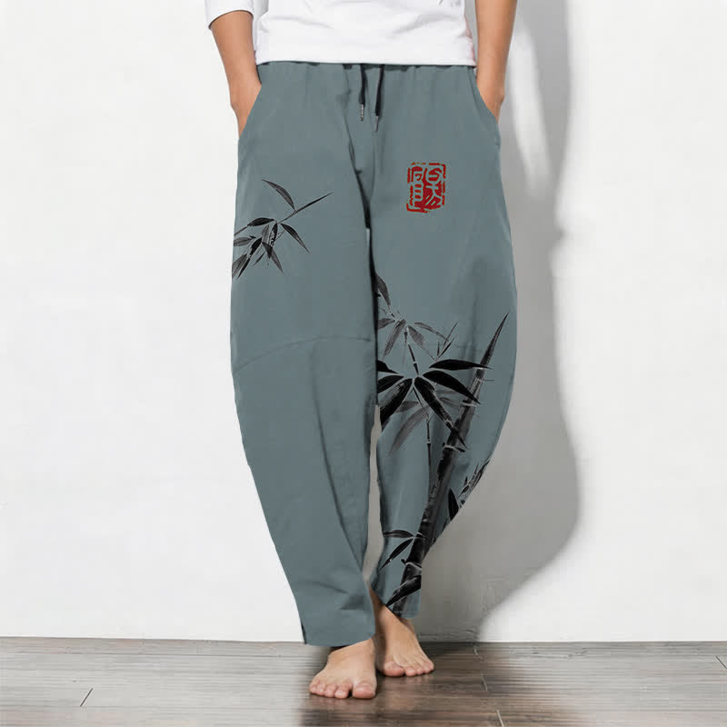 Buddha Stones Pure Cotton Oriental Ink Bamboo Pattern Drawstring Men's Tapered Pants With Pockets - CadetBlue - US/UK/AU50，EU60 (5XL) - image 0