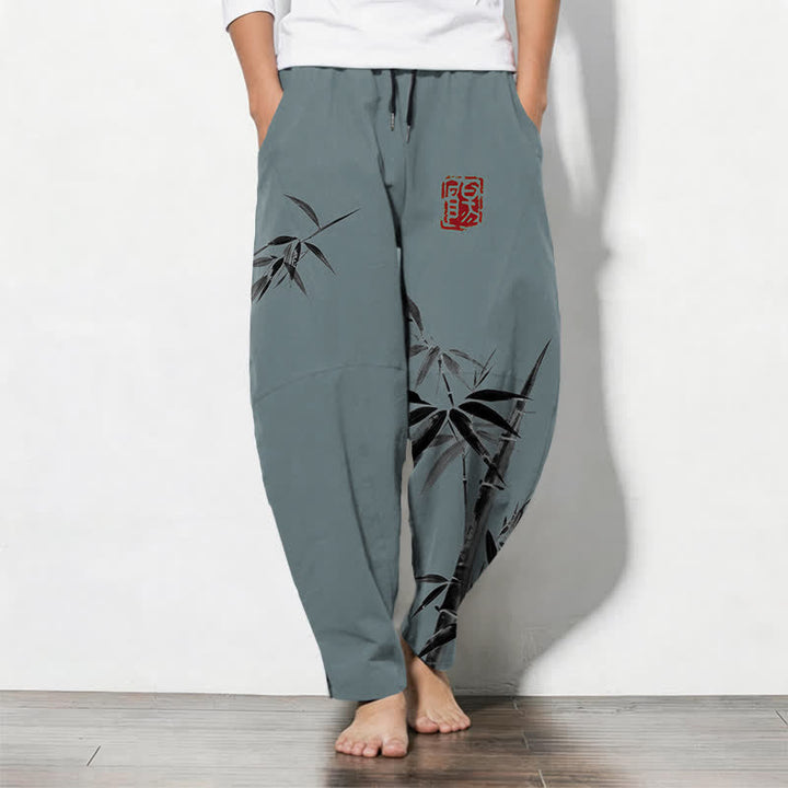 Buddha Stones Pure Cotton Oriental Ink Bamboo Pattern Drawstring Men's Tapered Pants With Pockets - CadetBlue - US/UK/AU50，EU60 (5XL) - image 0