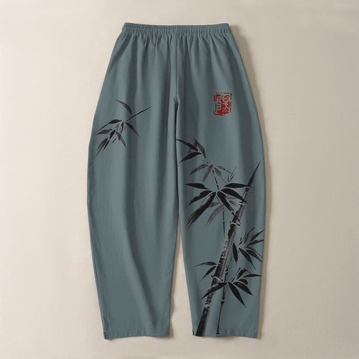 Buddha Stones Pure Cotton Oriental Ink Bamboo Pattern Drawstring Men's Tapered Pants With Pockets - image 3