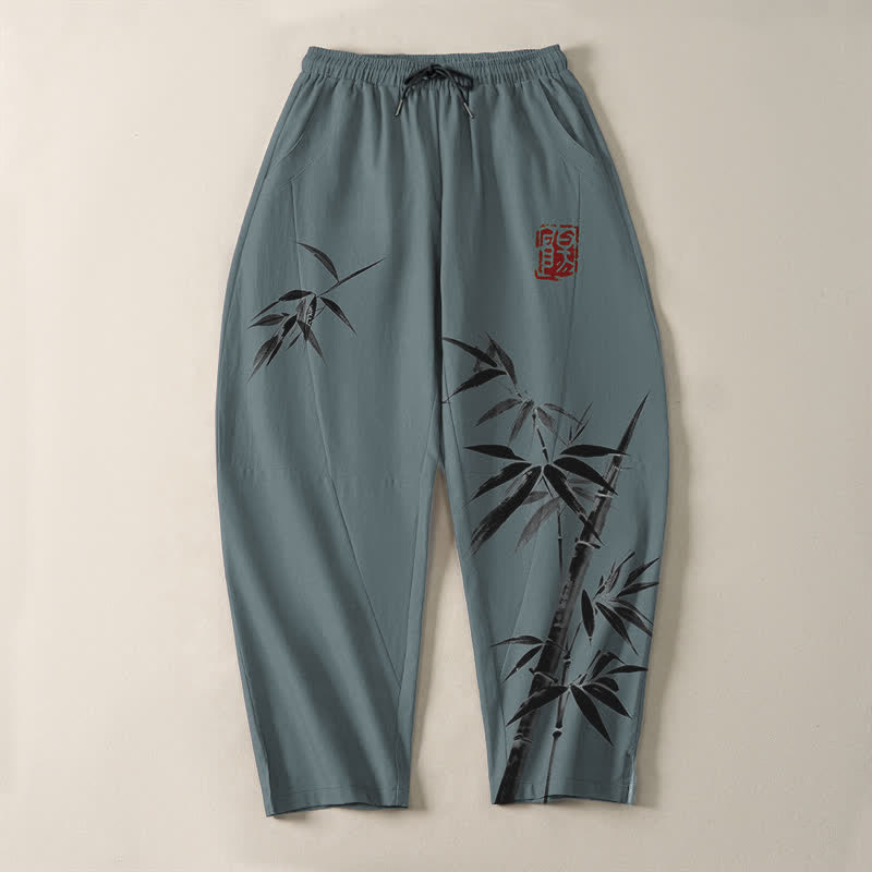 Buddha Stones Pure Cotton Oriental Ink Bamboo Pattern Drawstring Men's Tapered Pants With Pockets - image 2
