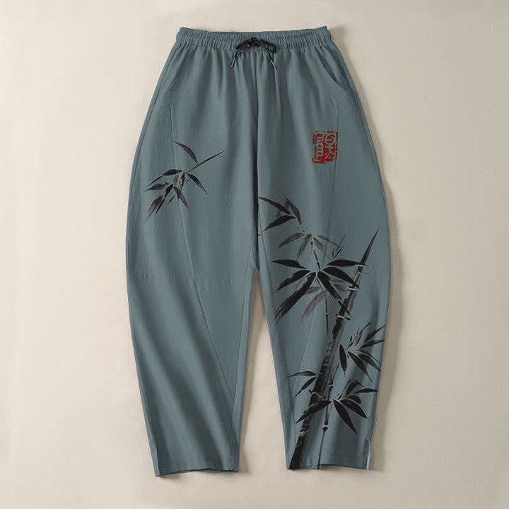 Buddha Stones Pure Cotton Oriental Ink Bamboo Pattern Drawstring Men's Tapered Pants With Pockets - image 2
