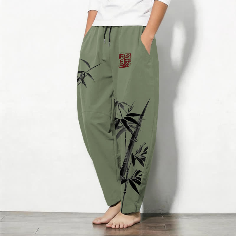 Buddha Stones Pure Cotton Oriental Ink Bamboo Pattern Drawstring Men's Tapered Pants With Pockets - image 8